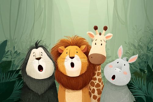 Four animal friends forest adventure green jungle