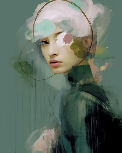 Modern portret in roze en groene tinten