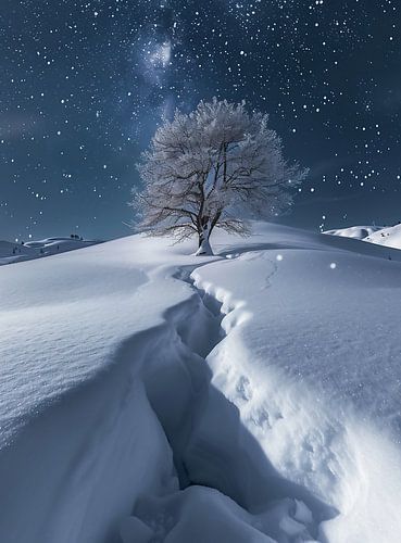 Starry sky, path in the snow