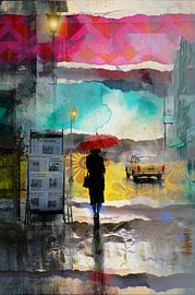 Roter Regenschirm – Regen und Licht in Mischtechnik von Arjen Roos