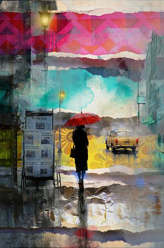 Red Umbrella – Rain and Light in Mixed Media