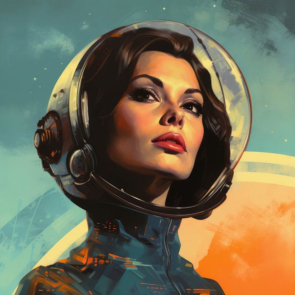 Création numérique d'une très belle femme dans le style d'une affiche de science-fiction vintage par Art Bizarre