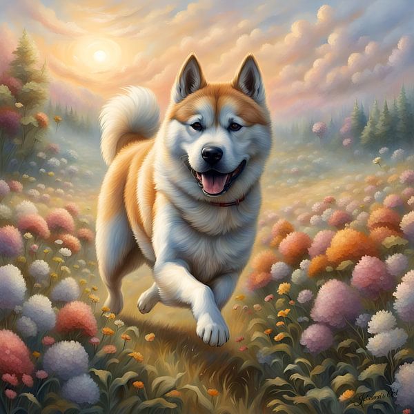 Akita spielt in einem Blumenfeld von Johannas Art Creations
