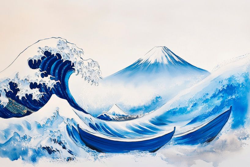 Waves and mountains in calm blue tones by Poster Art Shop