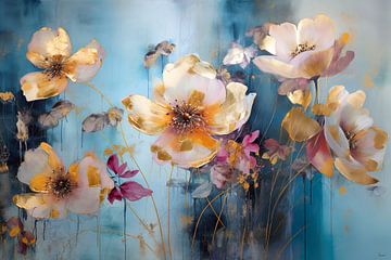 Rendu abstrait moderne d'un champ de fleurs baroque en rose et bleu sur Lauri Creates