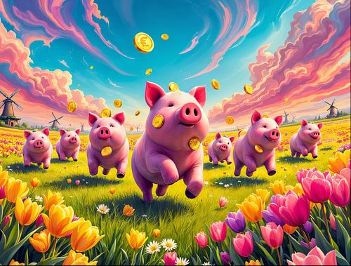 Rennende Spaarvarkens in Hollands Landschap – Surrealistische Kunst