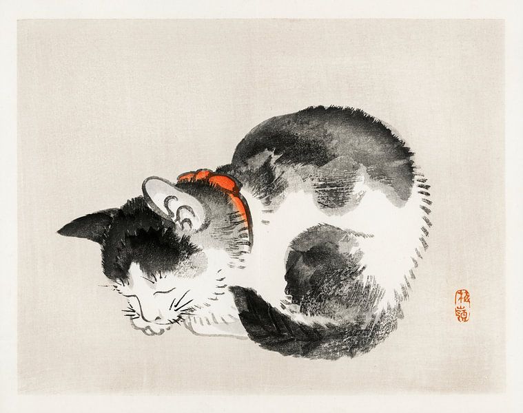 Slapende kat door Kōno Bairei (1844-1895). van Studio POPPY
