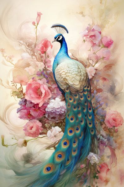Pfau als Stillleben in hellen Pastellfarben von Digitale Schilderijen