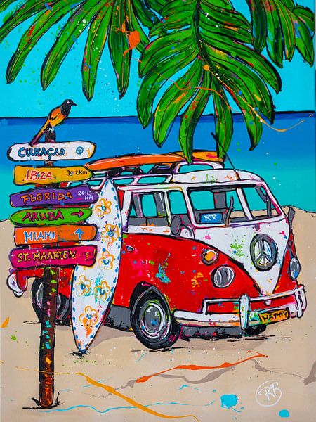 Woordenlijst Mooi Port VW bus op het strand van Happy Paintings op canvas, behang en meer