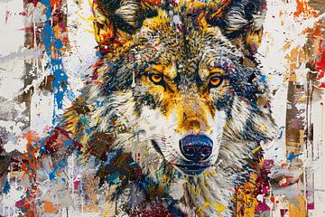 Kleurrijk abstract schilderij van een wolf van De Muurdecoratie