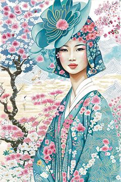 Asiatische Blumen und Kranichvögel. Weibliches Porträt (Phantasiezeichnung)