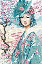Asian Flowers and Crane birds. Vrouwenportret (fantasietekening) van Karen Nijst thumbnail
