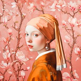 Meisje met de parel in oranje perzikkleur van Vlindertuin-Art