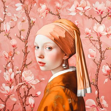 Meisje met de parel in oranje perzikkleur van Vlindertuin-Art