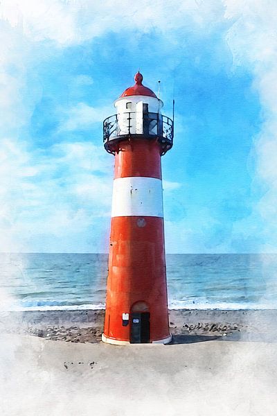 Watercolour painting of lighthouse on dike at Westkapelle, Zeeland by Danny de Klerk