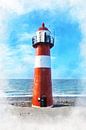 Watercolour painting of lighthouse on dike at Westkapelle, Zeeland by Danny de Klerk thumbnail