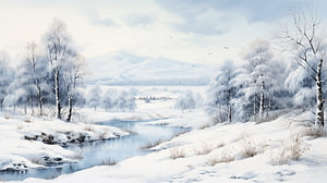Winterwald im Schnee mit See -Aquarell-Kunstdesign