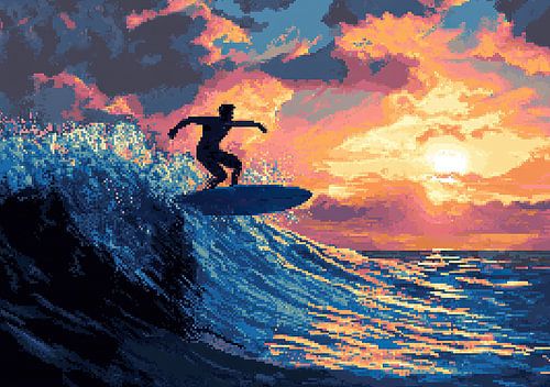 Surf Poster Strand Zee - Pixel Art
