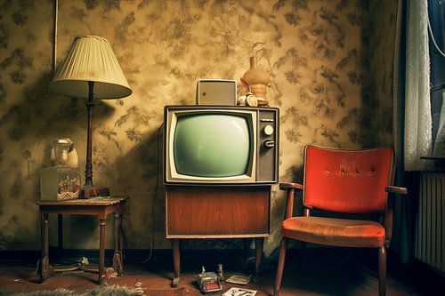 Nostalgische retro analoge televisie in de woonkamer, analoge fotografie in retro-vintage stijl