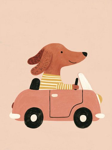 Teckel in roze auto – Schattige hondenkinderkamer