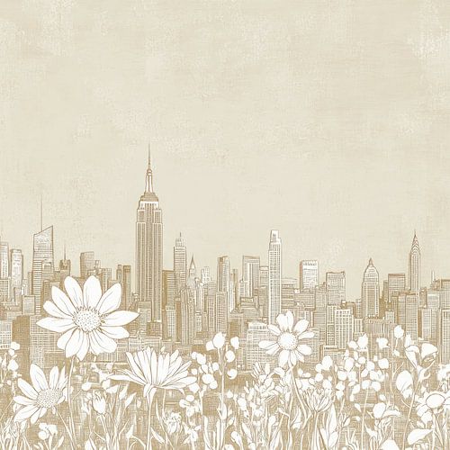 New Yorker Skyline mit Blumen - minimalistische Strichzeichnung auf beigem Leinen