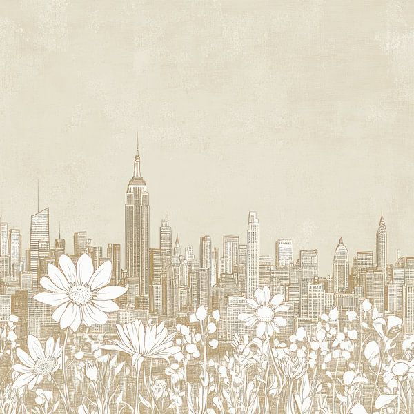 New York skyline met bloemen – minimalistische lijntekening op beige linnen van Thea