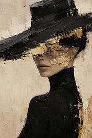 Golden Mystery – Abstract Vrouwenportret Wanddecoratie – Zwart Goud Schilderij – Luxe Fashion Wall Art – Modern Minimalistisch Kunstwerk van Design Wall Arts