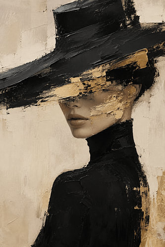 Golden Mystery – Abstrakte Wanddekoration mit Frauenporträt – Schwarz-Gold-Gemälde – Luxuriöse Fashion-Wandkunst – Modernes, minimalistisches Kunstwerk
