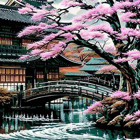 Traditioneel Japans huis badend in de gloed van een roze boom van MMDAWorks