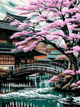 Maison japonaise traditionnelle baignée par la lueur d'un arbre rose sur MMDAWorks