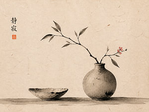 Nature morte minimaliste à la japonaise avec un vase en terre cuite et une petite branche