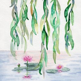 Pond with water lily and weeping willow