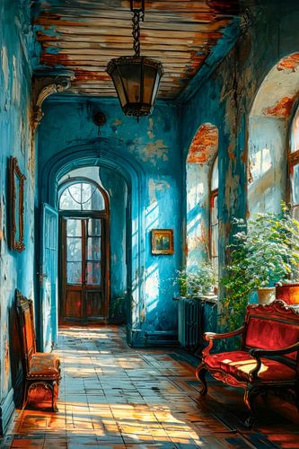 Verlaten Vintage Interieur – Blauwe Hal met Stoelen