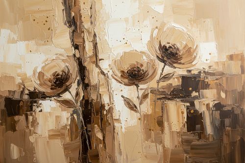 Abstract Flower painting, Oil in Beige, Taupe & Brown