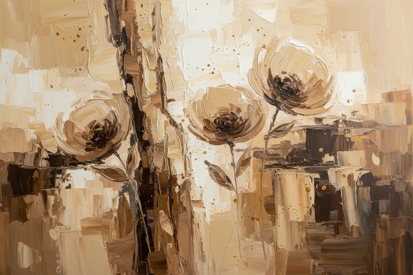 Abstract Flower painting, Oil in Beige, Taupe &amp; Brown by By Marjolein Design