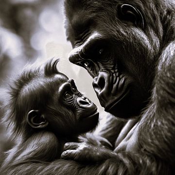Father gorilla and baby orang-utan