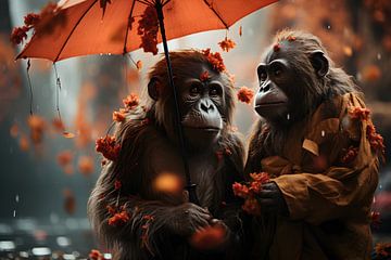 Two monkeys under an umbrella by Heike Hultsch