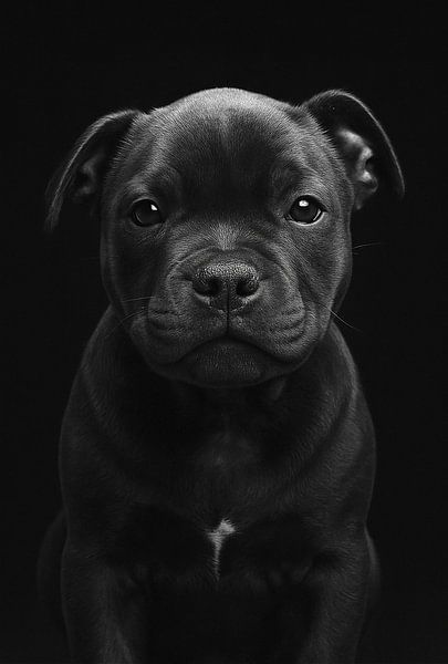 &quot;Apollo&quot; Staffordshire Bullterrier Welpe Portrait in Schwarz-Weiß von Simone Photography