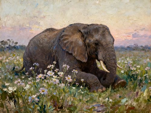 An elephant in a flower meadow