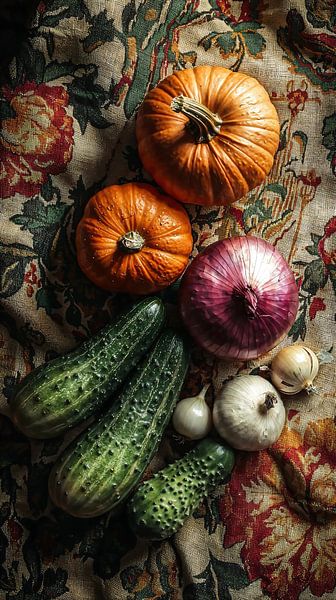 Vertical still life of fresh vegetables by Ariadna de Raadt-Goldberg