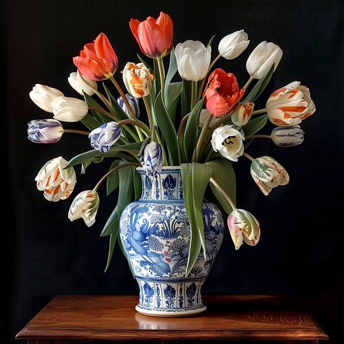 Still Life Flowers Delft Vase Tulips Netherlands Baroque Elegance Painting