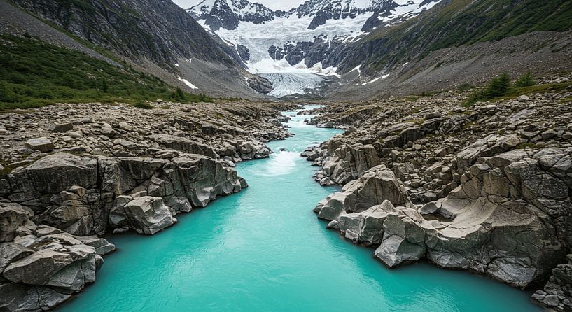 Rivière de montagne bleu turquoise dans une vallée rocheuse - la fraîcheur des Alpes sur votre mur par ButterflyPix