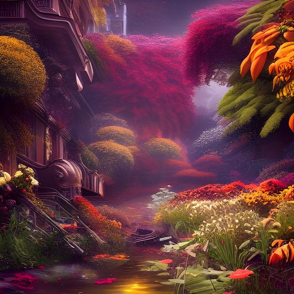 Colorful fantasy forest with an overgrown villa by Edsard Keuning