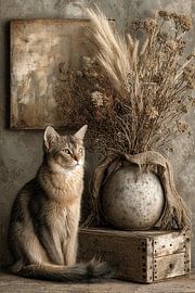 Kat en Droogbloemen - Romantisch Vintage Stilleven van Joriali Fine Art