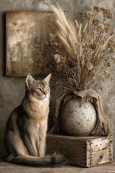 Kat en Droogbloemen - Romantisch Vintage Stilleven