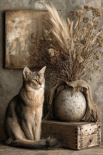 Kat en Droogbloemen - Romantisch Vintage Stilleven