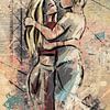 Couple amoureux sur un pont - œuvre d'art semi-abstraite et colorée sur Emiel de Lange