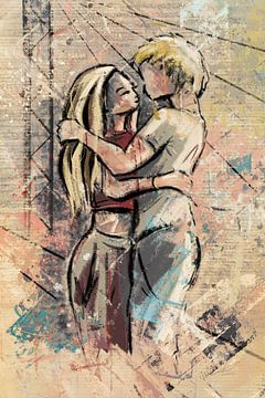 Couple amoureux sur un pont - œuvre d'art semi-abstraite et colorée sur Emiel de Lange