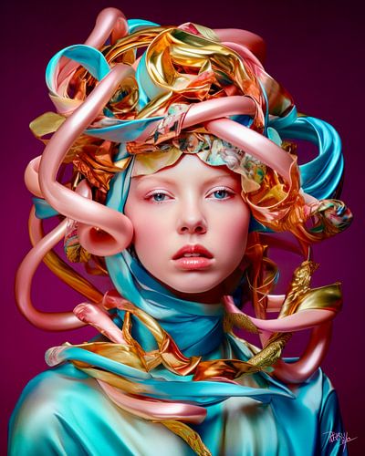 Audrey met haar  in kleurrijke satijnen linten gewikkeld