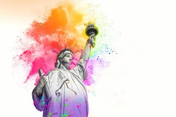 Vrijheidsbeeld met kleurrijke regenboog holi verf poeder explosie geïsoleerd op witte achtergrond van Maria Kray